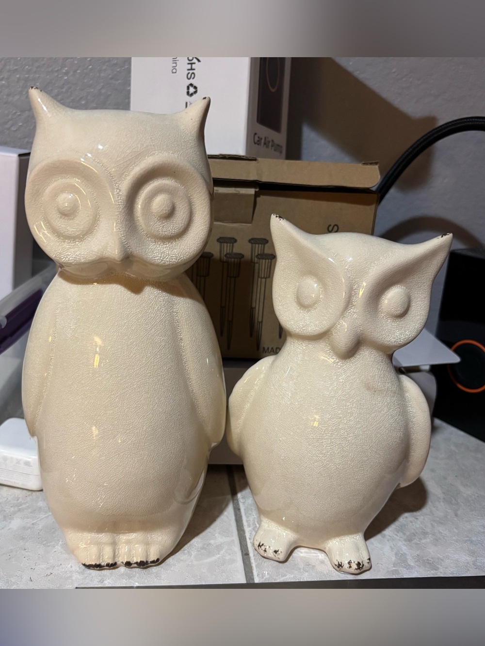 Ceramic Owl Figurine Set - Cream Glaze